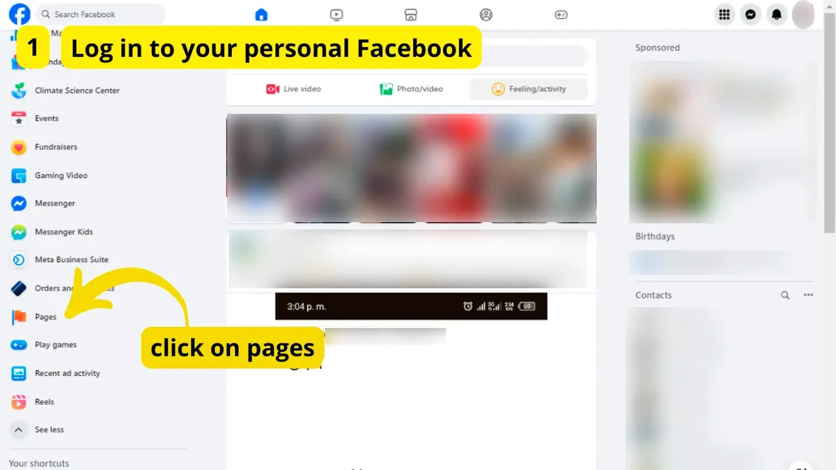 Facebook menu with the Pages option