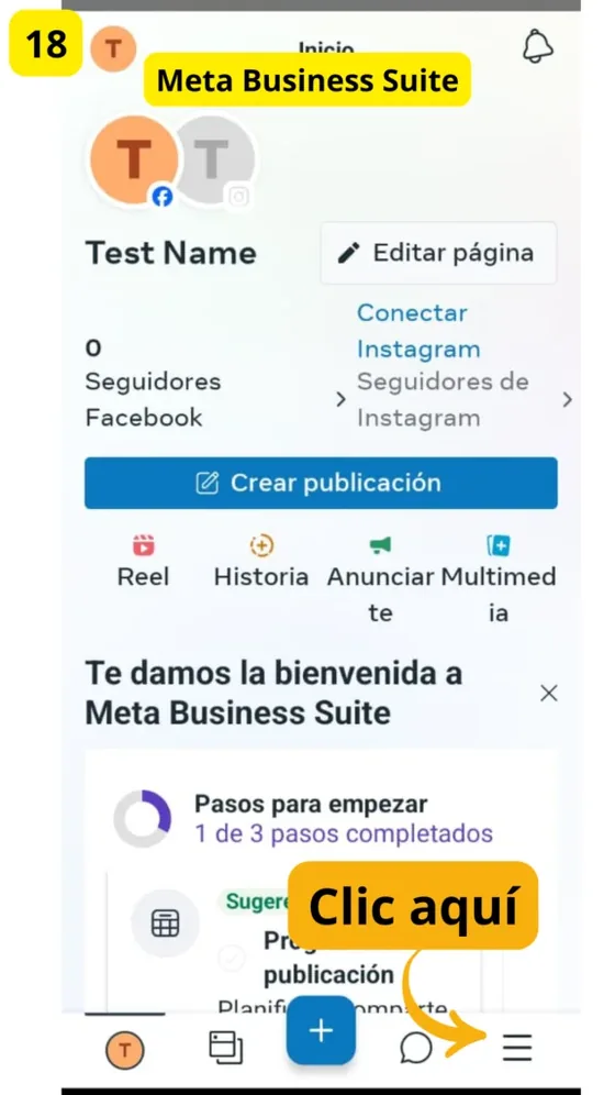 Menú de Meta Business Suite